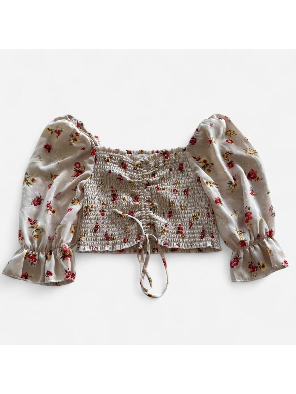 Cream and red floral cropped blouse with puffy sleeves and tie bust, medium